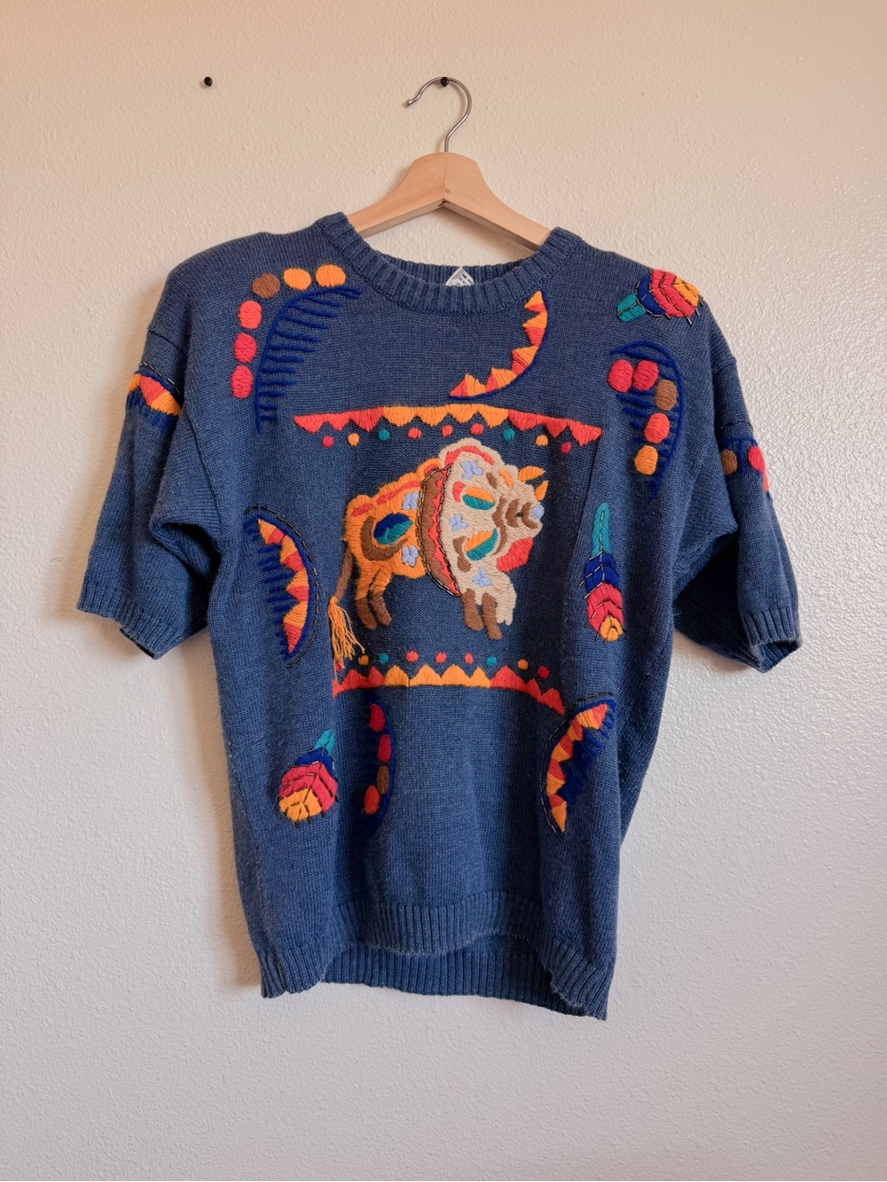 Vintage Navy Embroidered Buffalo Short-Sleeve Sweater